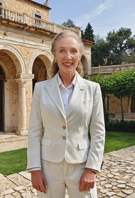 standing in front of an ancient villa, in classic suit