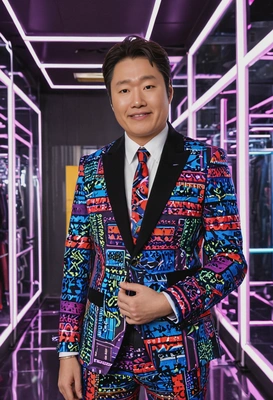as V from BTS, wearing a bold patterned suit with colorful accessories, standing in a futuristic room filled with LED lights and glass