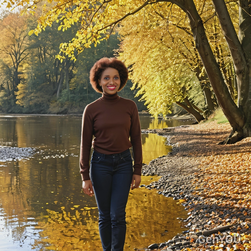 standing near a riverbank, the autumn trees lining the water and casting golden reflections
