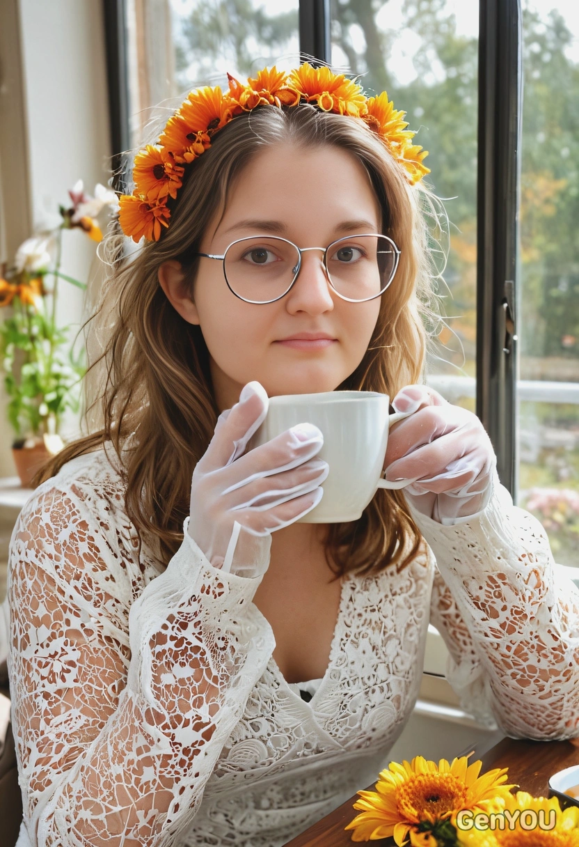 drinking tea by the window, see-through gloves, sunny autumn photoshoot, eyes on you, makeup, big glasses, flowers in hair