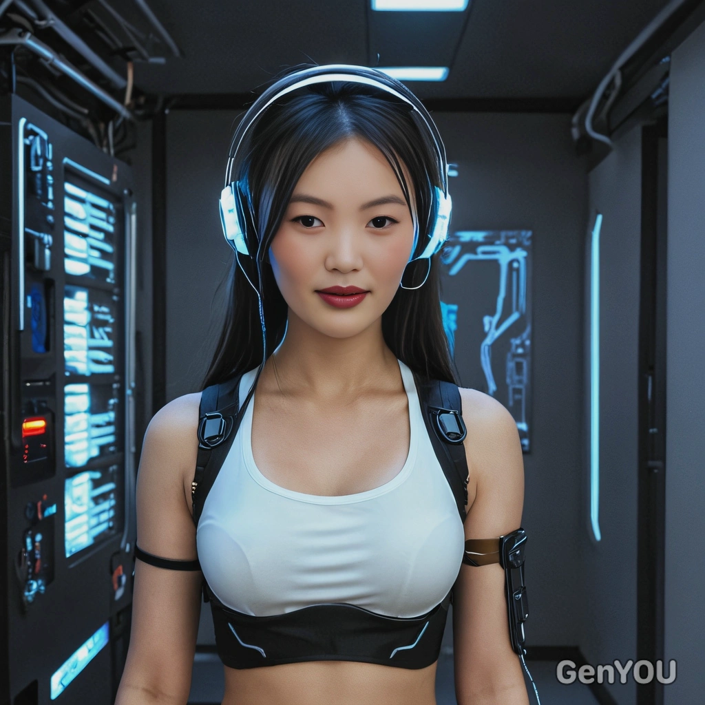 A cyberpunk girl with a glowing headset, in a futuristic apartment