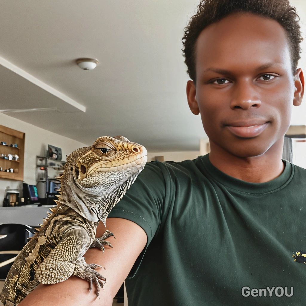 selfie at home with pet lizard on his shoulder 