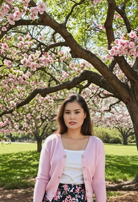 wearing a light pink cardigan and floral skirt, standing under a large oak tree, surrounded by blooming flowers, half body portrait 