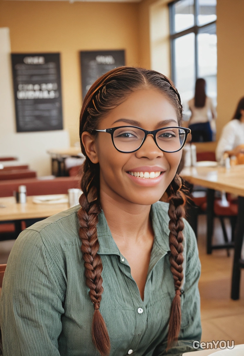 having lunch in a corporate cafeteria, smiling, warm tones, blurred background, eyes on you, braids, cute, fashionable eyeglasses, kinfolk style