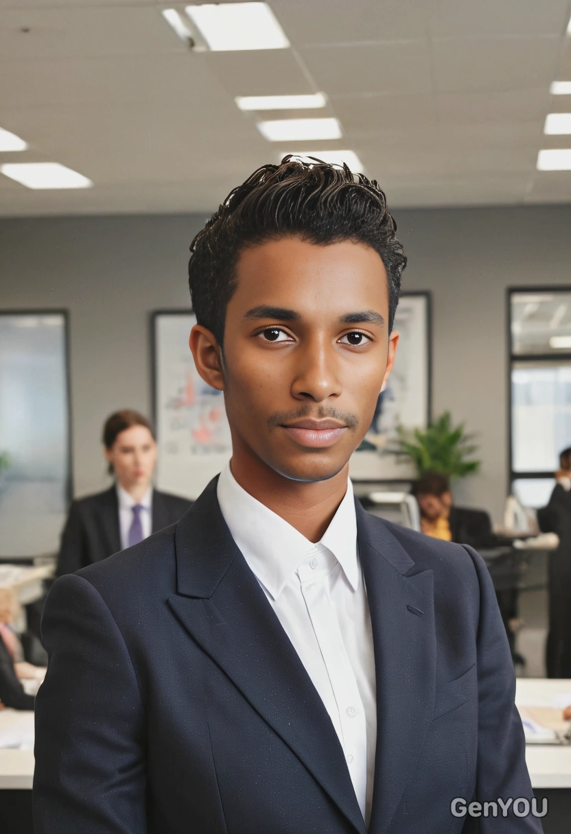 at a a bustling office, blurred background, wearing a business suit
