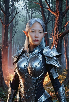 as a mystical elf with flowing silver hair, glowing armor, standing in a moonlit forest, eyes on camera, vivid colors, symmetrical clothing details, video game style, high-quality stylized art