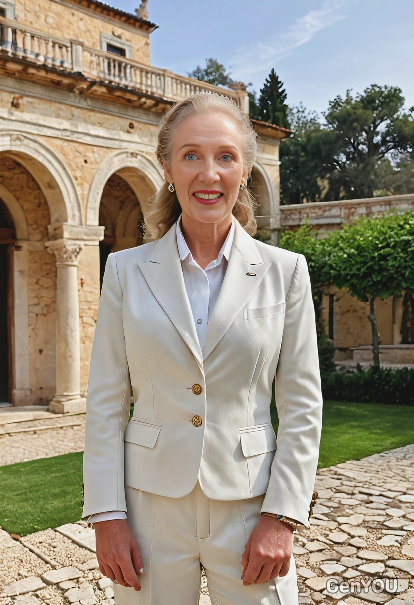 standing in front of an ancient villa, in classic suit