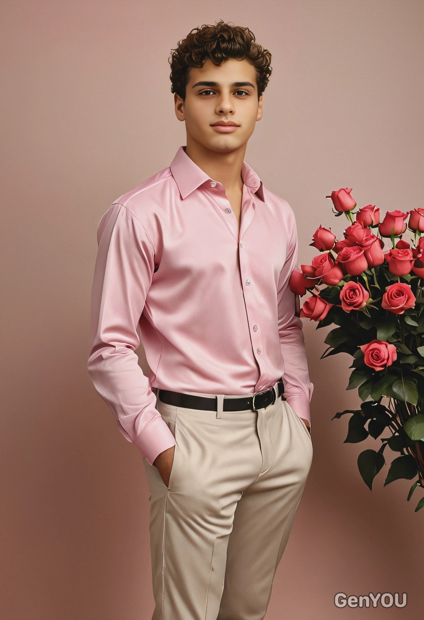 Ultra-realistic full-body portrait of me, gay Valentine’s Day theme, playful romantic energy, relaxed with confident posture, slight smirk, one eyebrow subtly raised, holding a bouquet of red and pink roses behind my back, stylish fitted outfit (tailored trousers, open-collar shirt, polished shoes), warm golden ambient lighting, soft romantic background bokeh, flirtatious but classy