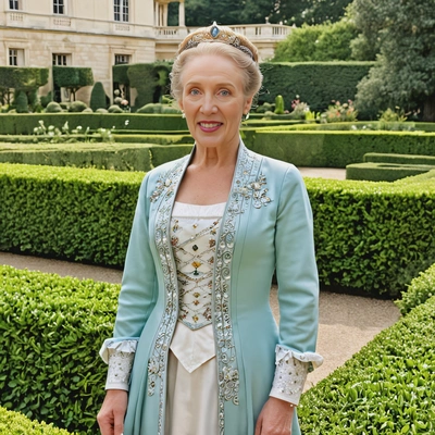 as a royal consort, dressed in a formal court attire, standing through a palace garden with manicured hedges