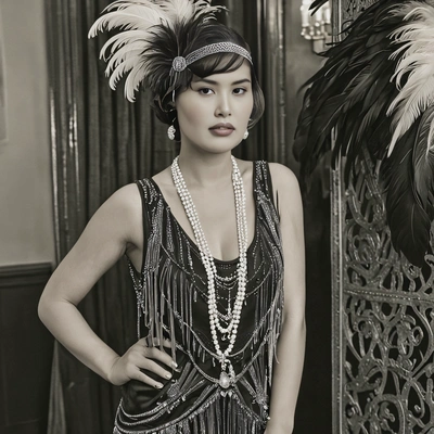 dressed in a vintage-inspired flapper dress, standing at a roaring 1920s-themed party, with feathers, pearls