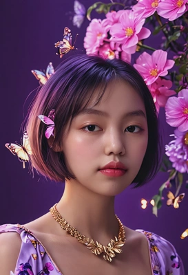 a dreamy beauty, close-up portrait with glossy skin, short bob haircut, wearing a floral blouse and layered gold necklaces, blurred glowing neon pink and purple flowers with butterflies in the background, cinematic colorful purple lighting on the face, soft confident gaze, sharp focus on face, hyperrealistic details