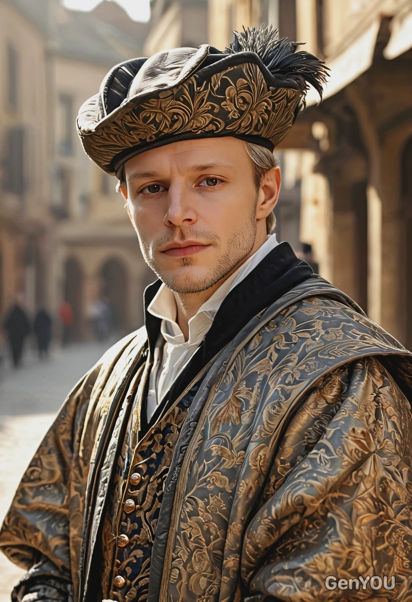 sharp textured face skin, Medici-style merchant in brocade coat, Renaissance-styled feathered cap, relaxed pose, blurry Renaissance-aged town background, morning sun rays