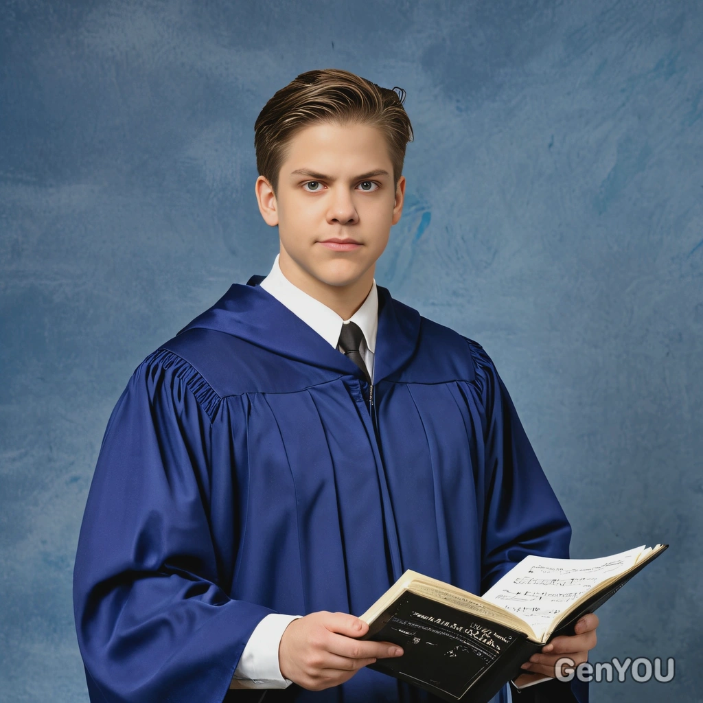 as a 90s choir member in a choir robe, holding sheet music, against a traditional blue yearbook background, half-body