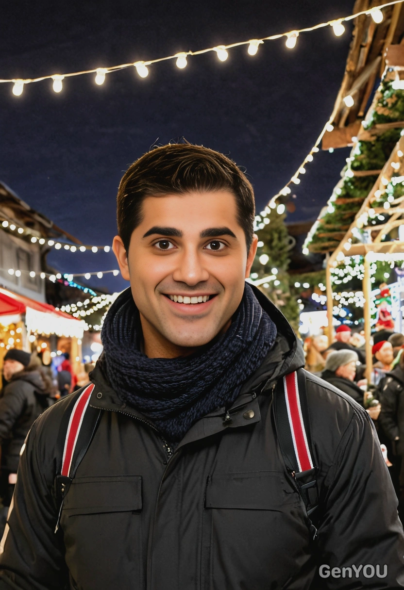mid-shot, at a winter holiday market at night under festive lights
