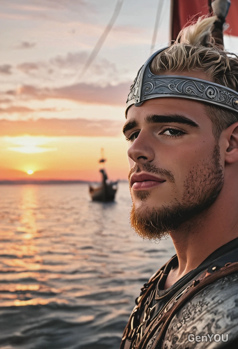 Scandinavian Viking, blurry Viking ship background, sunset