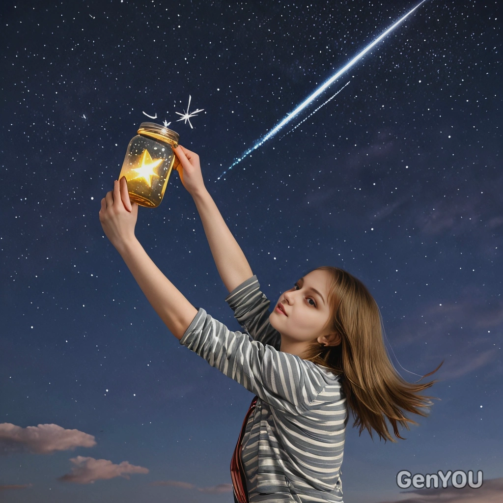 holding a jar as a shooting star flies across the sky