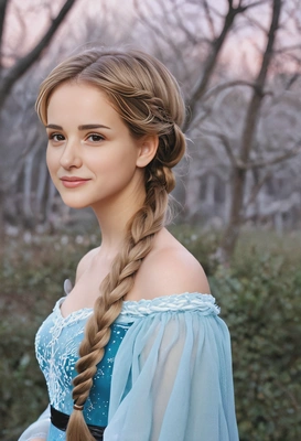 long, loose braid with an ethereal glow, inspired by Elsa from Frozen, soft focus, blurred background