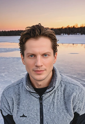 mid-shot, on a frozen lake at sunset, looking at viewer 