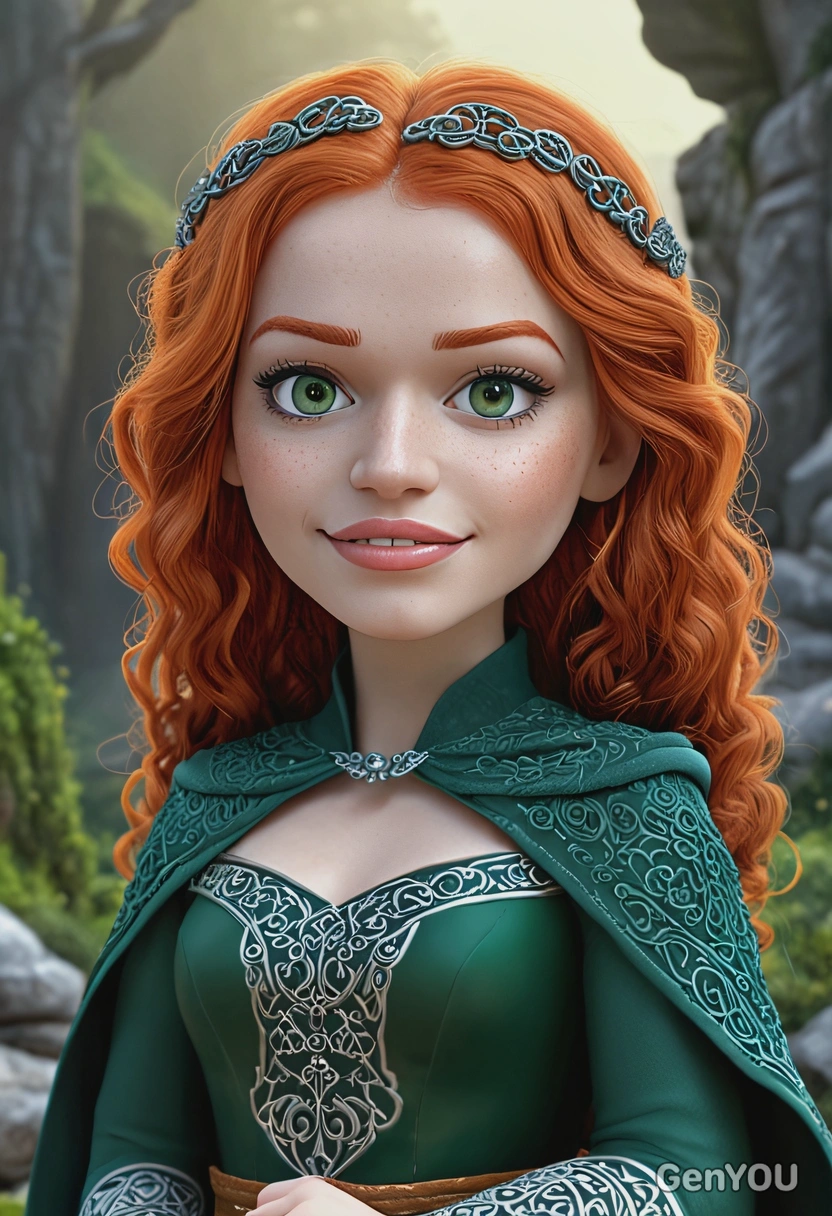 3D cartoon Pixar style, Merida from Brave, oversized cartoon big sparkling eyes, close-up portrait, soft smile, wearing a dark green gown with intricate Celtic patterns, determined expression, standing against a misty forest background with ancient glowing stones
