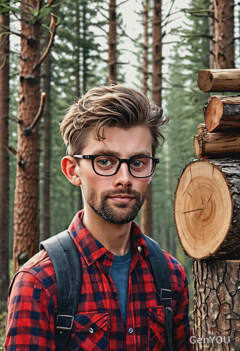 @me as a lumberjack, red flannel shirt, axe on shoulder, pile of chopped wood, fir tree forest, big eyes, brushstrokes, cartoonish style, high-quality
