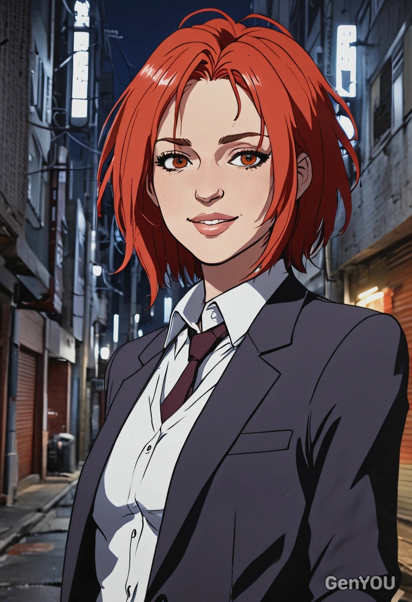 2D anime style, bold outlines, cinematic lighting, In Chainsaw Man anime as Makima, enigmatic smirk, oversized anime eyes, red hair, business suit, standing in a dimly lit city alleyway, waist-up frame