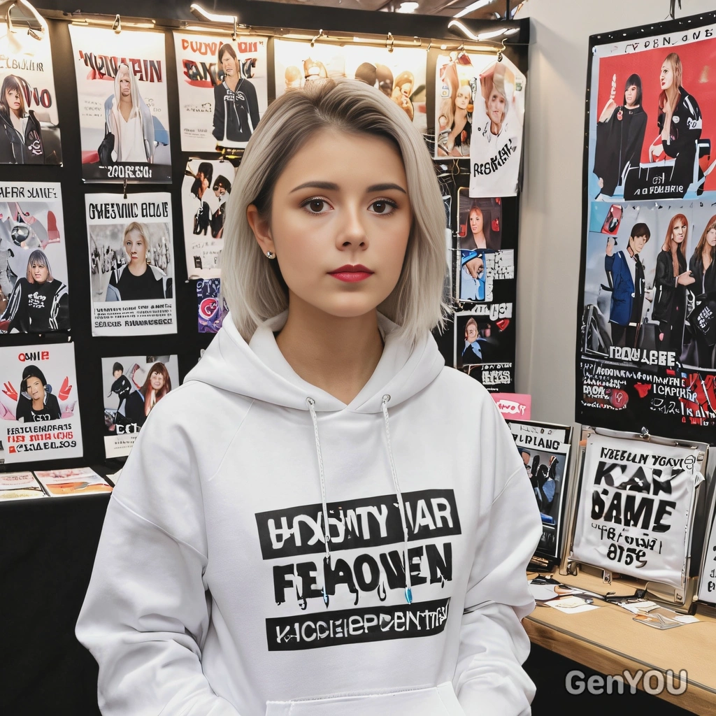 as a K-pop fandom leader, wearing a custom fan club hoodie, organizing a fan event booth decorated with posters, lightsticks, and banners