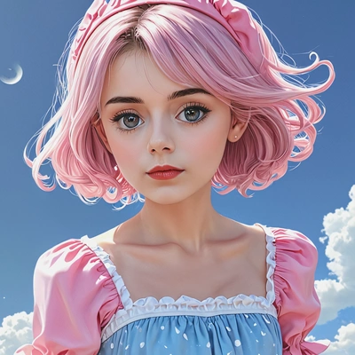 in a cute pink dress, blue sky, anime, big eyes, manga drawing