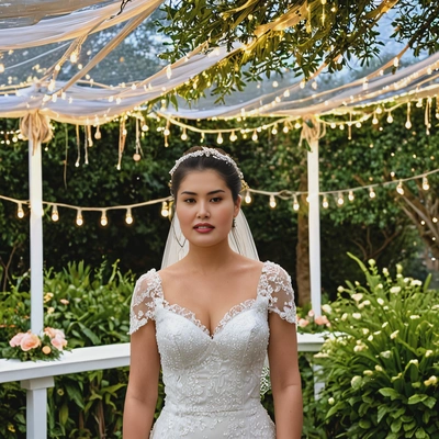 as the bride standing under a canopy of fairy lights in a beautifully decorated outdoor garden