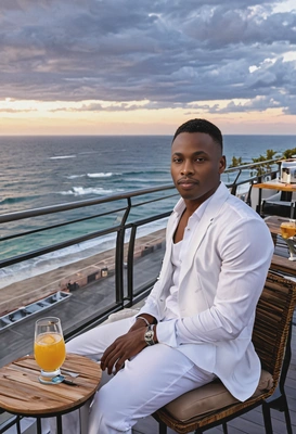 relaxing in a chic rooftop bar with an ocean view