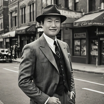 in a 1930s gangster-style suit, standing on a city street corner, with a black and white filter