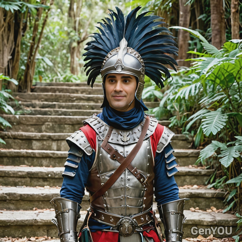 dressed as a 17th-century Spanish conquistador, wearing a metal breastplate and plumed helmet, standing on the steps of an ancient temple in a dense jungle
