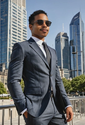 in a stylish suit and sunglasses, towering skyscrapers in the background, sharp high-quality image, midday outdoor lighting, sun glare, soft shadows, luxury style