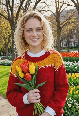 sharp skin texture details, mid-body photo, closed soft smile, fizzy hair, in a red sweater, holding a bouquet red and yellow tulips, standing in a spring park, golden hour