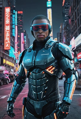 as a futuristic cop in a sleek robotic suit, futuristic flying police car on background, blurry neon-lit cyberpunk city
