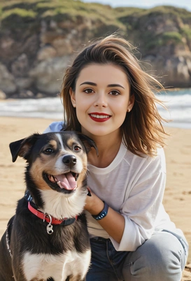 smiling, with her energetic dog on a sunny beach, soft focus, blurred background 