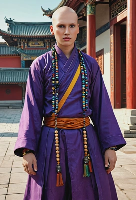 as a warrior monk, bald head, robe, prayer beads, hands and legs in fighting position, in front of Chinese temple, eyes on you, vivid colors, symmetrical clothing details, 3D video game style, high-quality stylized art