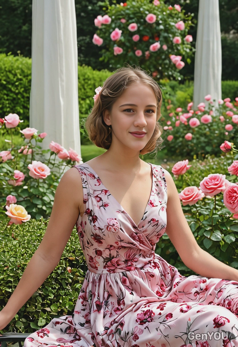 sitting in a luxurious rose garden, wearing an elegant silk summer dress