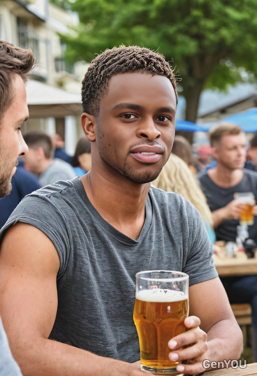 drinking beer outdoors, hanging out with friends, blurred background