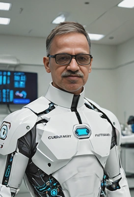 as a futuristic medic with cybernetic enhancements, in futuristic clinic, blurred background, unisex clothes