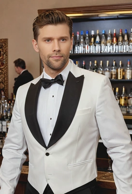 a man standing by the bar at a New Year's Eve party, wearing a tuxedo