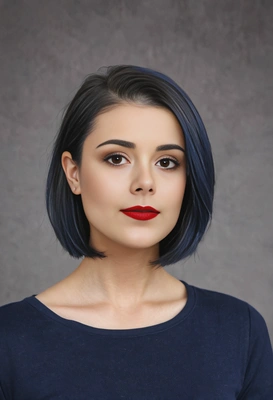 blunt lob with a sleek glass hair finish and deep navy blue tips, soft focus, blurred background