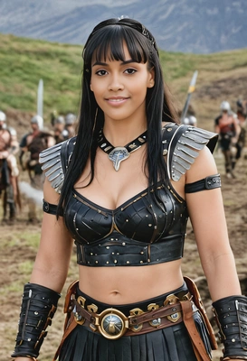 as Xena in her warrior outfit, fringe, on a battlefield setting, mid-shot 