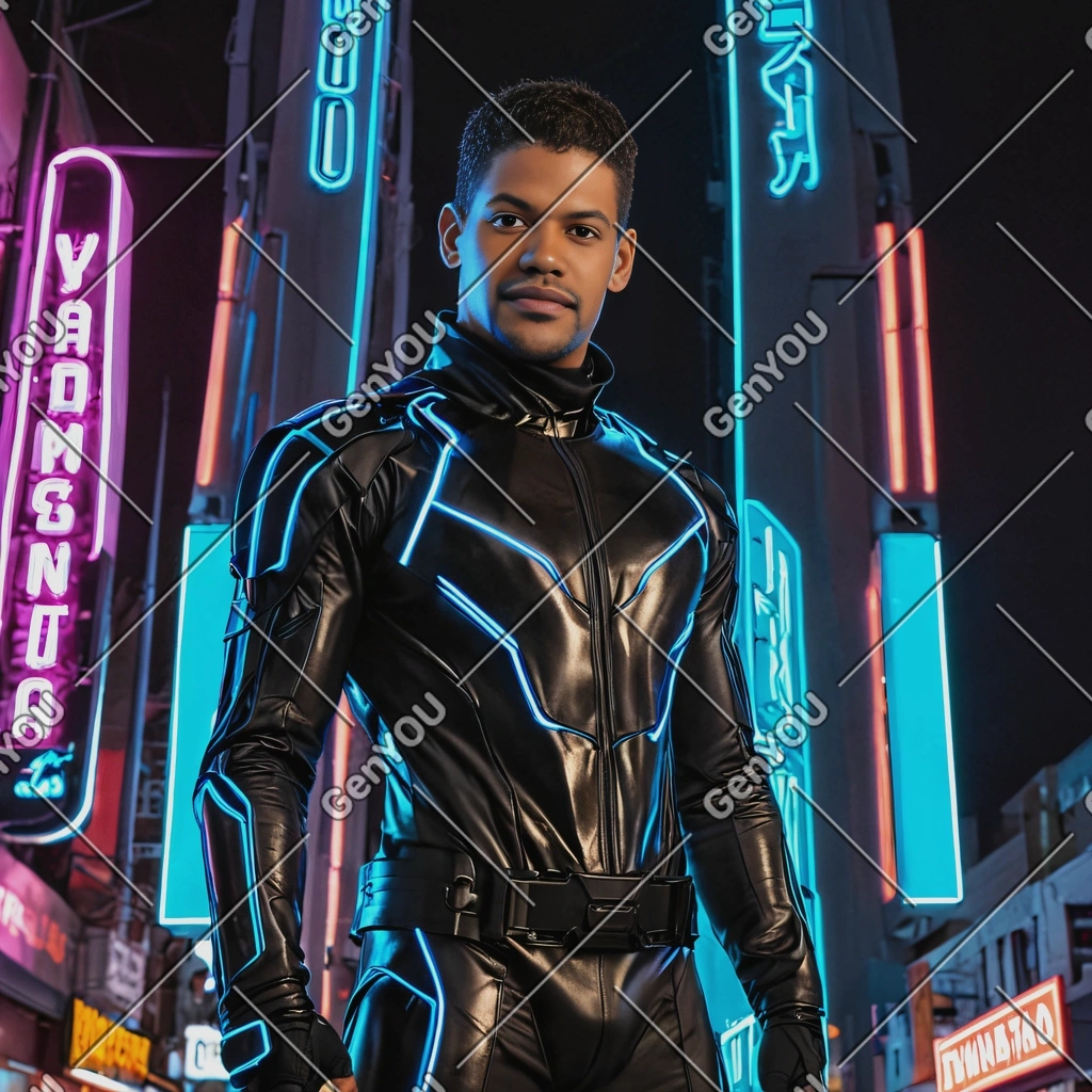 in futuristic outfit, standing under a neon street sign