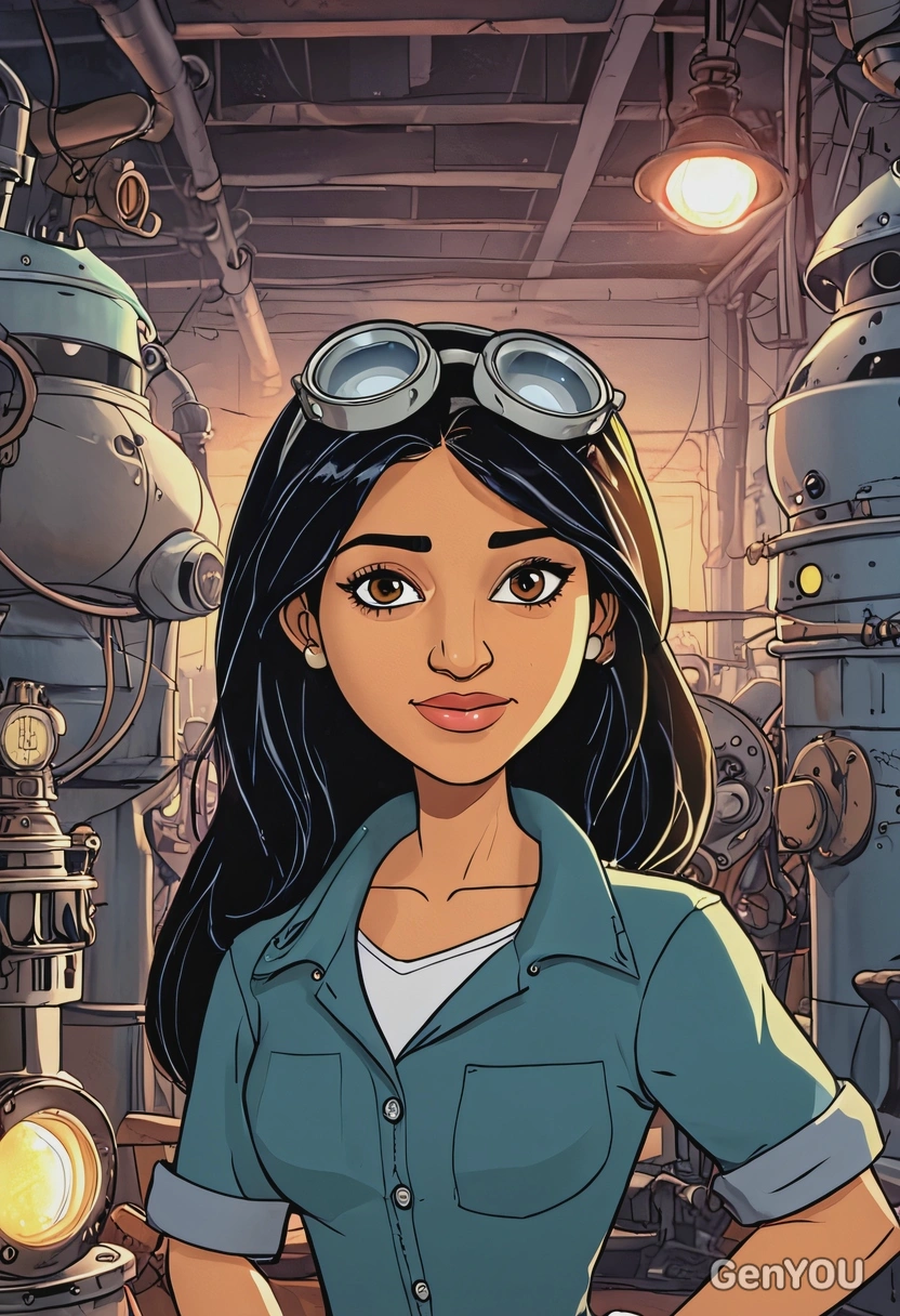 Hand-drawn flat cartoon style, Audrey Ramirez from Atlantis: The Lost Empire, oversized cartoon eyes, welding torch glow lighting, waist-up portrait, submarine workshop background