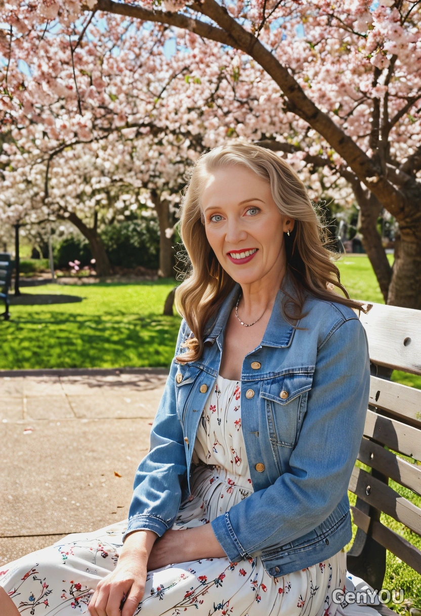 wearing a light denim jacket over a flowy dress, sitting on a park bench with cherry blossoms in the background, with sunlight filtering through the branches