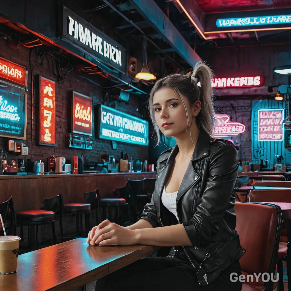 sitting alone in a dimly lit cyberpunk café, surrounded by neon signs