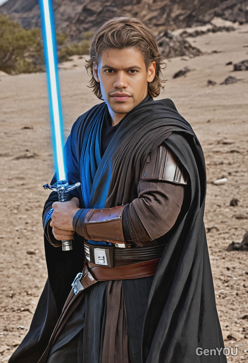 as Anakin Skywalker, with shoulder-length sandy hair, in the volcanic landscape of Mustafar, dressed in his dark Jedi attire with flowing robes and armor pieces, his lightsaber ignited with a fierce blue glow, his expression tormented 