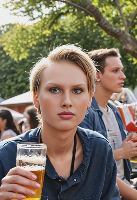 drinking beer outdoors, hanging out with friends, blurred background