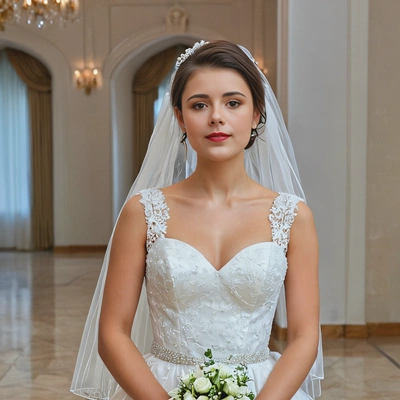 Smiling bride in mini bridal dress, perfect for best pageant headshot