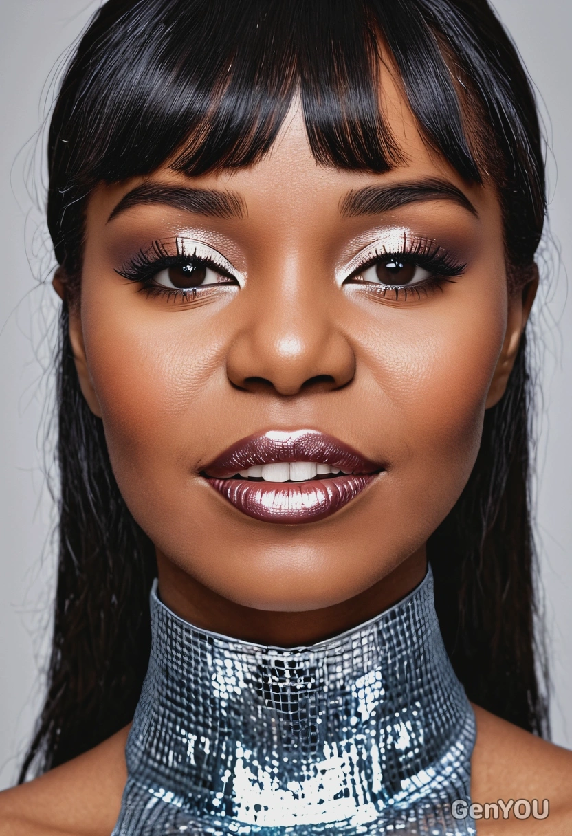 shimmering, metallic lips in vivid shades, professional makeup, bangs, symmetrical details, professional photoshoot, black skin
